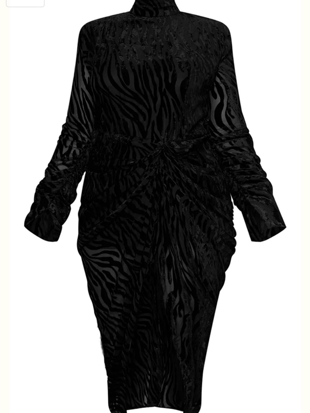 Black Zebra-Textured Draped High-Neck Midi Dress